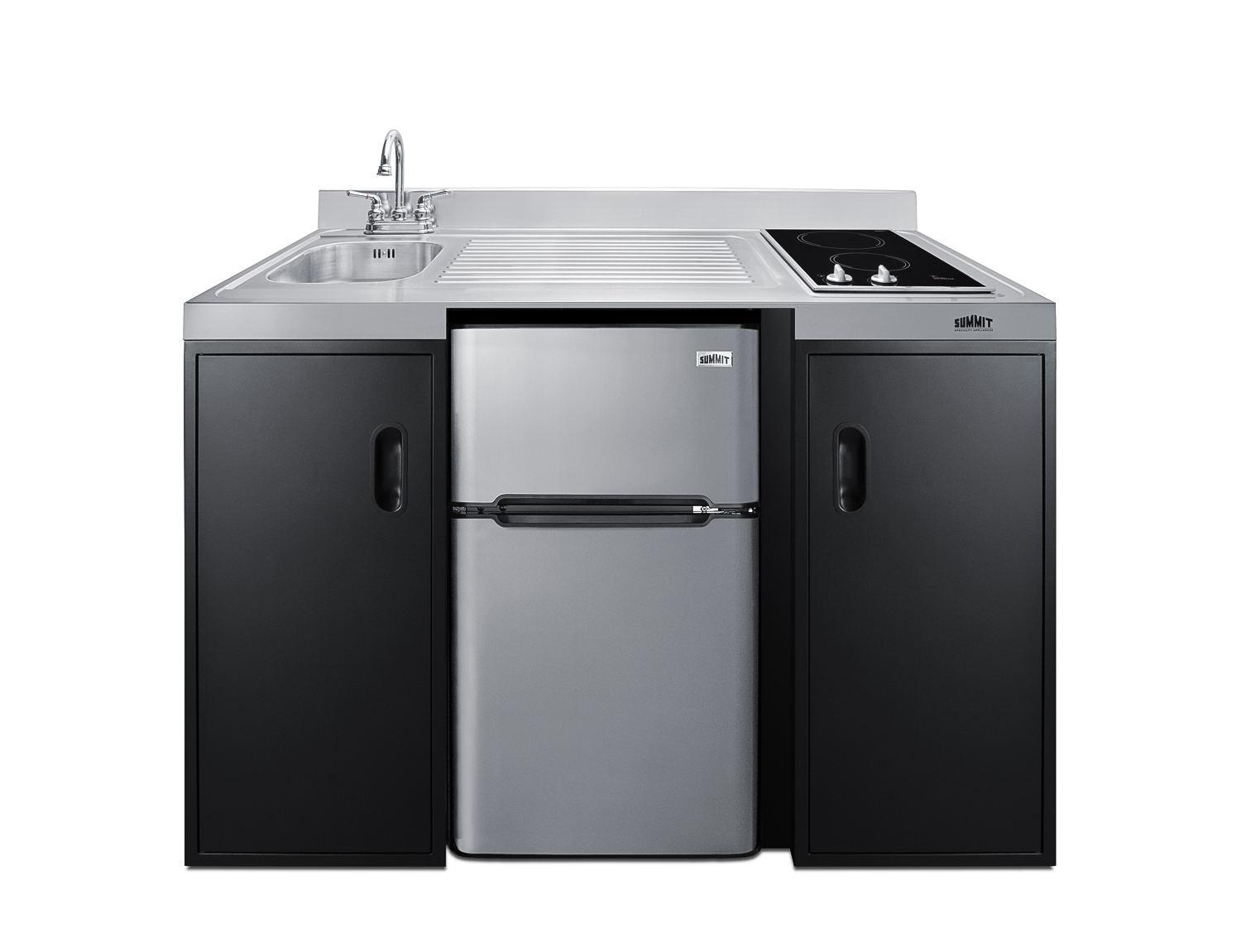 54 inch wide ADA counter height all-in-one kitchenette in black with a removable 2-burner 115V smooth top cooktop, 2-door refrigerator-freezer, sink, and two storage cabinets